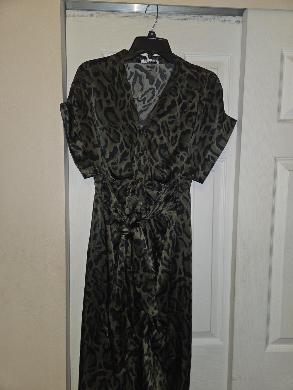 Steve Madden Olive Green Animal-Print V-Neck Button Down The Front Dress.